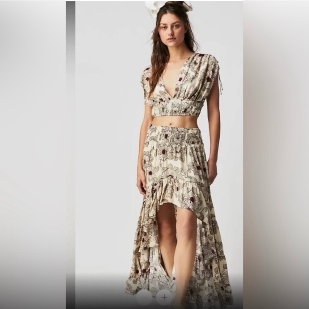 Free People Morning Sun Ruffled Tiered Hi Low Skirt & V-Front Crop Top Set Sz M